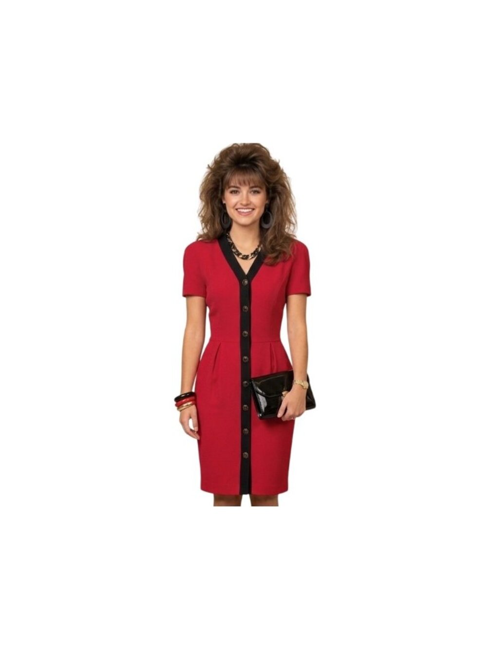 Ms Chaus VTG 80s Secretary Button Up Midi Dress 6 Pencil Skirt Red Black